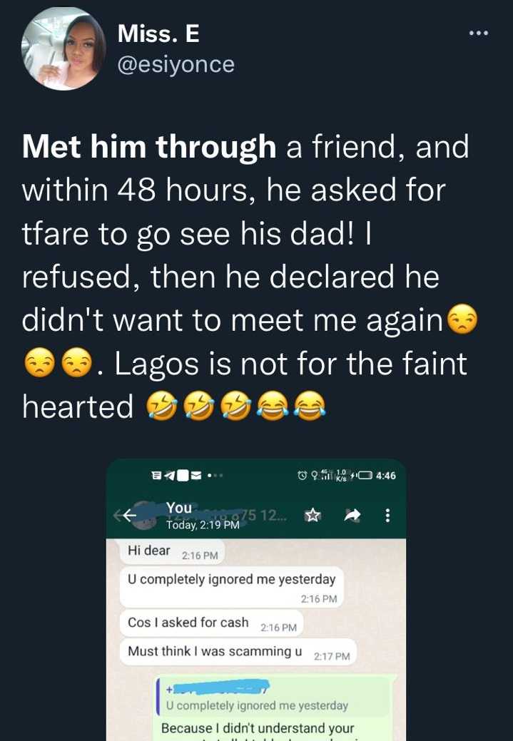 Lady blocks man who asked for transport fare barely 48 hours into relationship