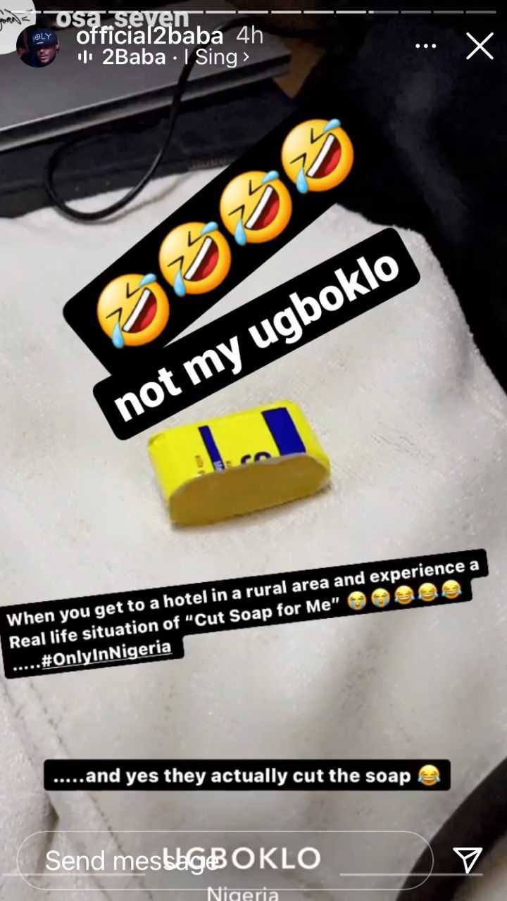 2face Idibia reacts after finding soap cut into two for lodgers to share in hotel