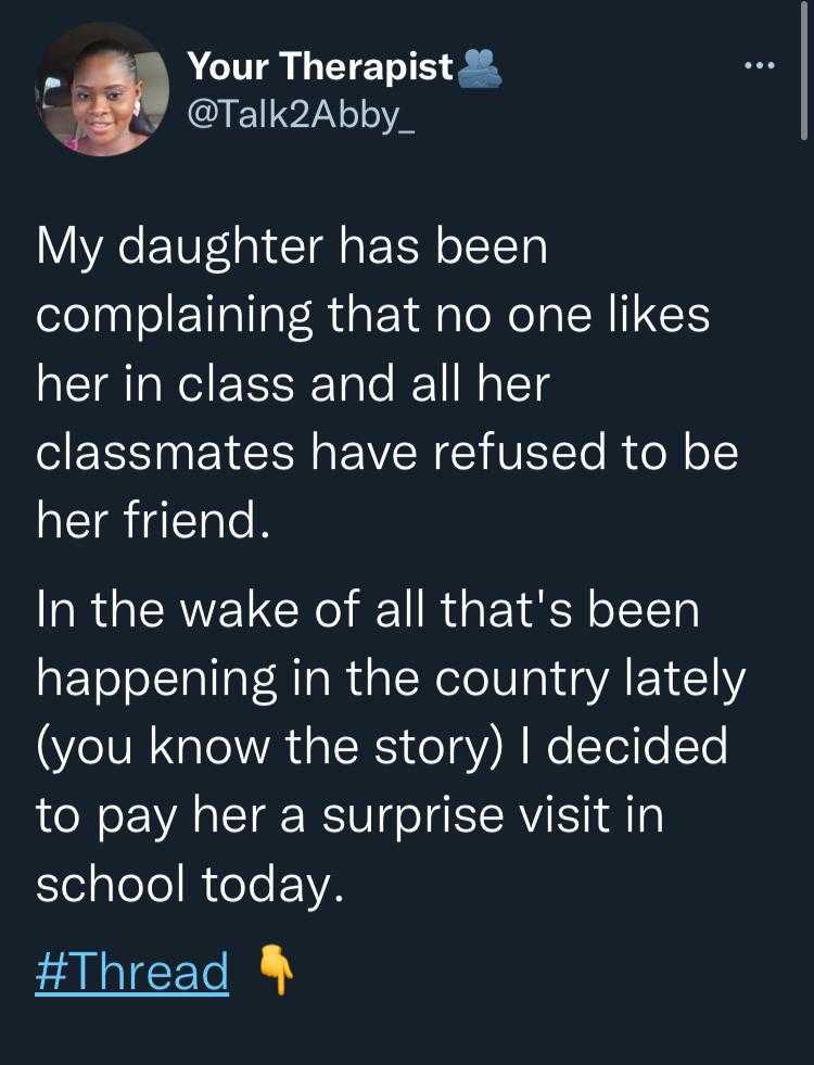 Lady narrates approach taken after daughter complained how classmates does not want to be her friend
