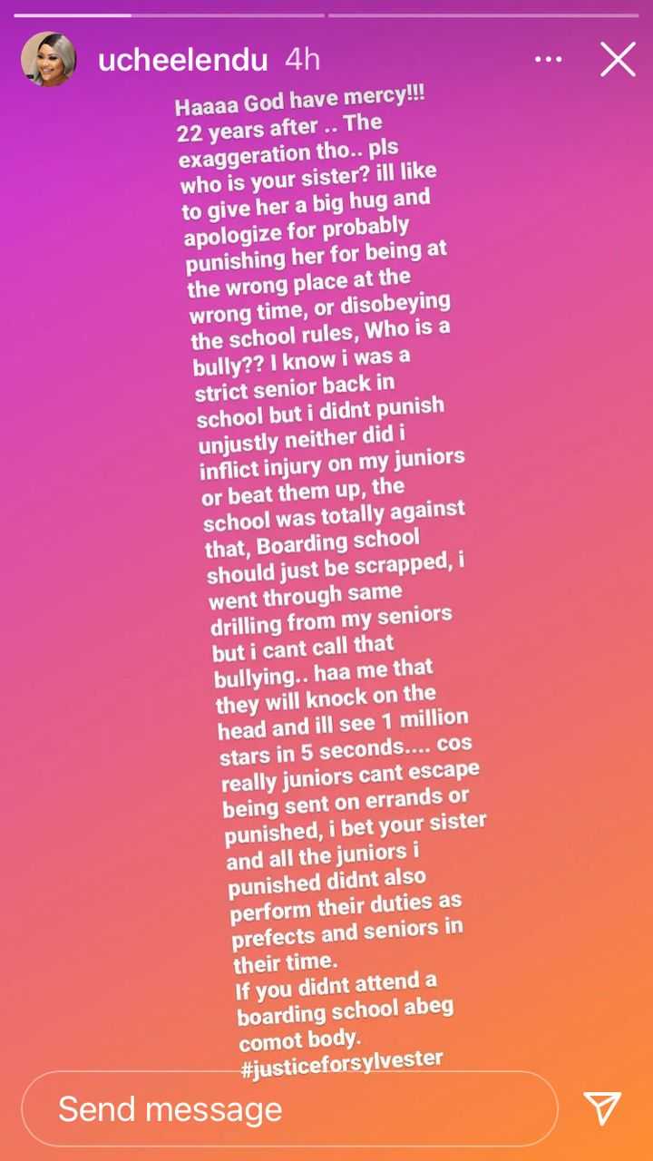 Uche Elendu reacts after being called out for being a bully in school