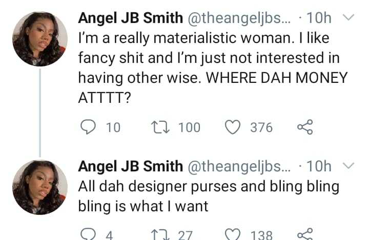 Angel interested in money, bling bling