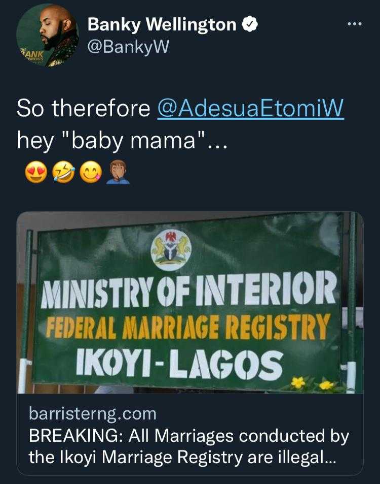 Banky W calls Adesua 'baby mama' as court declares marriages conducted at Ikoyi registry as illegal