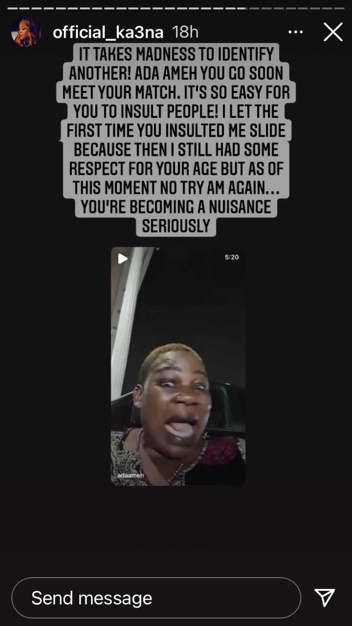"It takes madness to recognize another" - Ka3na blasts Ada Ameh over Kemi Olunloyo's saga