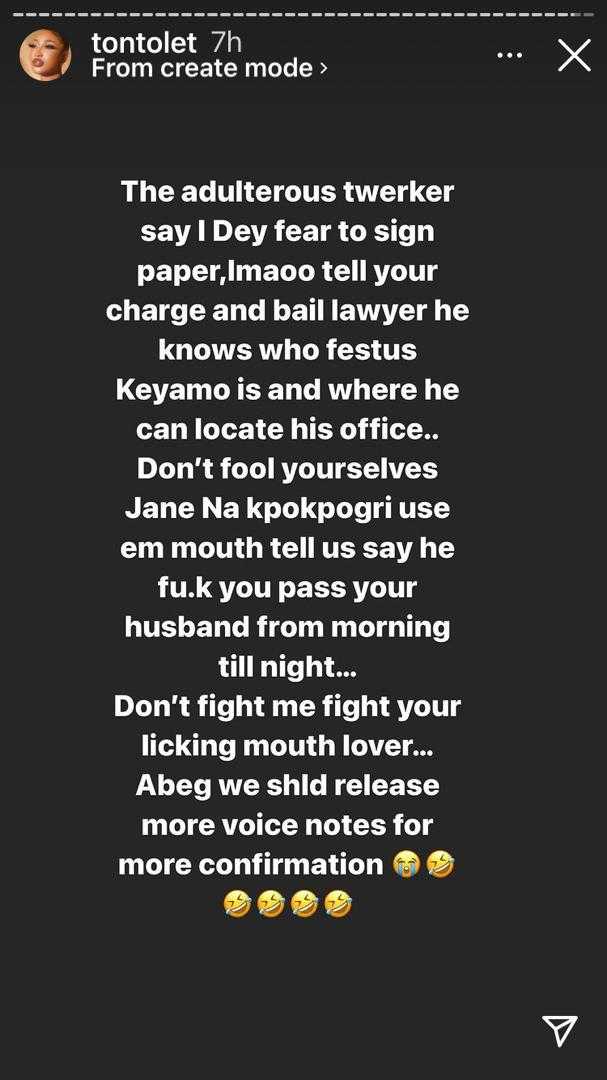 "Adulterous twerker, fight Kpokpogri, not me" -Tonto Dikeh fires back after being shaded by Janemena