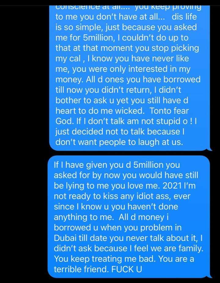 More Drama As Bobrisky Reveals How His Friendship With Tonto Ended; Shares Text Message As Proof