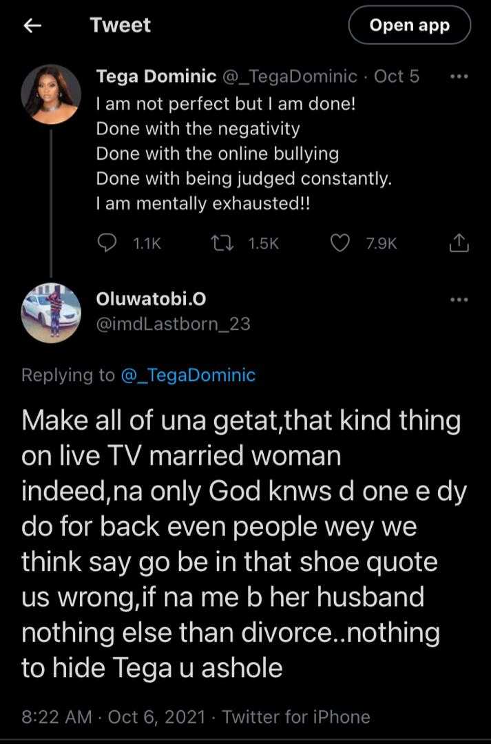 Two months later, Tega Dominic slams troll who accused her of adultery