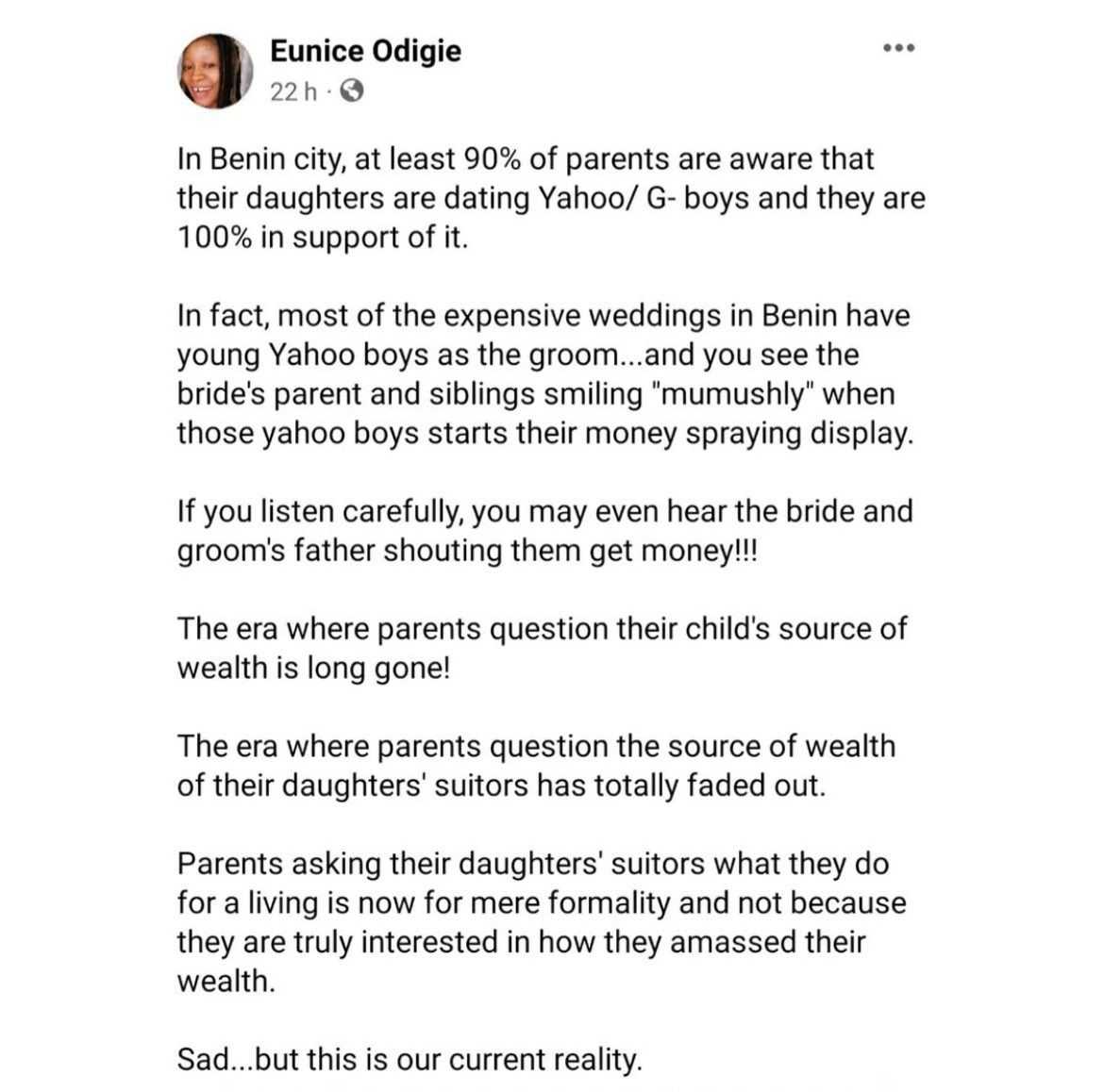 Lady questions morality of parents