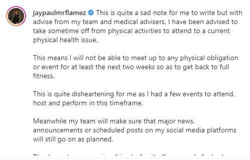 "This is quite a sad note for me to write" - Jaypaul says as he announces time off over health issues