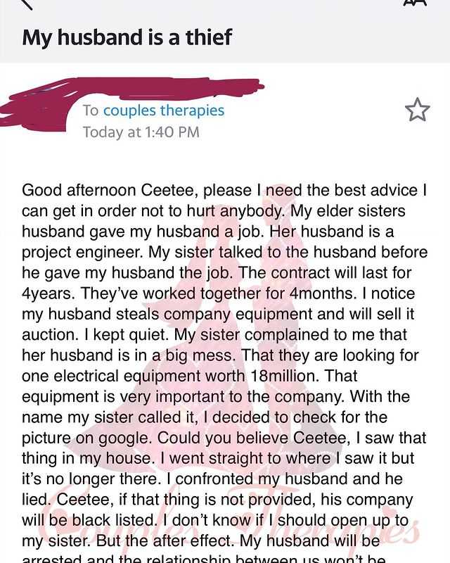 Woman seeks advice whether or not to expose husband after stealing equipment worth N18M from company