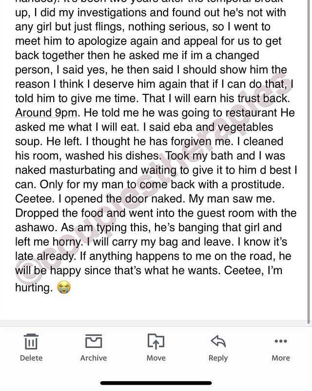 Lady narrates painful revenge from boyfriend two-years after 'mistakenly' cheating on him