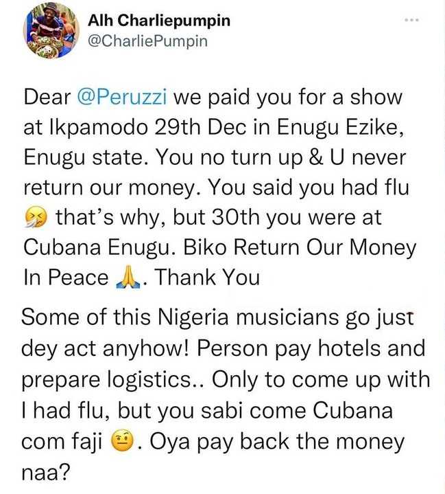 Peruzzi called out over refusal to refund money after failing to attend show