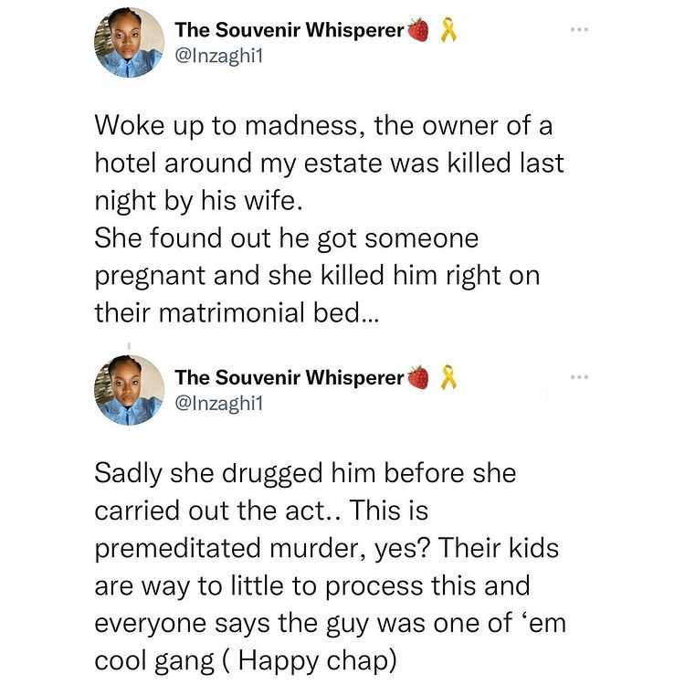 Lady ends husband's life after finding out he impregnated another woman