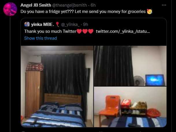 Angel Smith offers to support Twitter user who moved out of parent's house to a new apartment