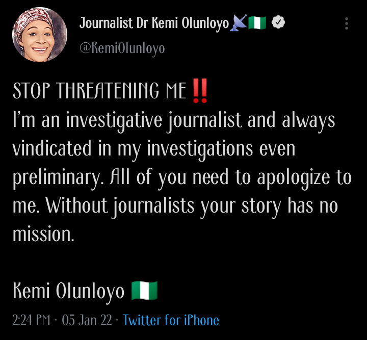 Kemi Olunloyo Apology Sylvester