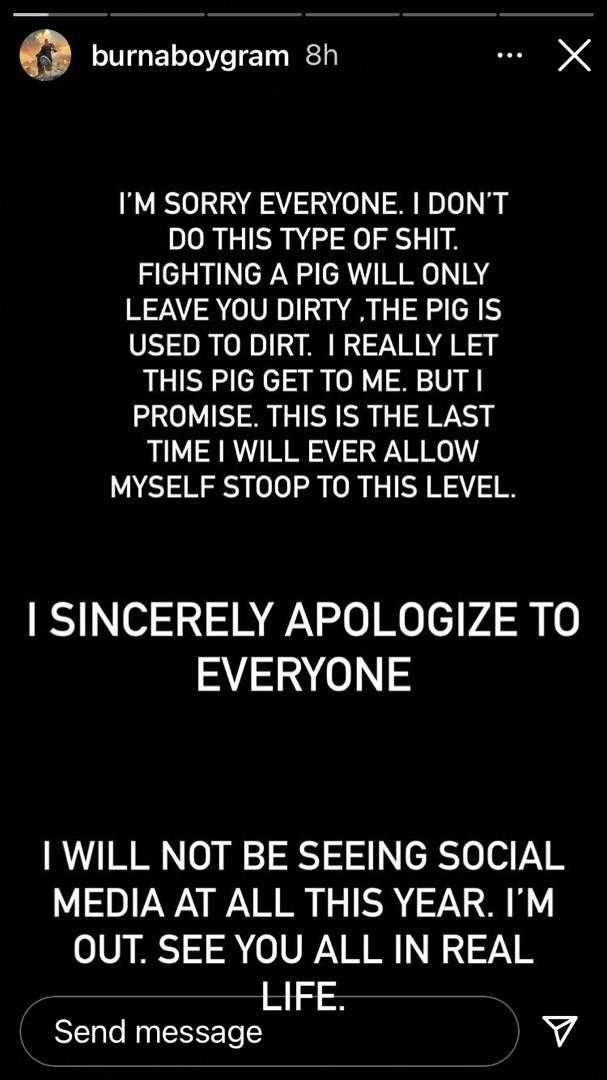 "I'm sorry everyone for fighting a pig" - Burna Boy tenders apology after accusing Shatta Wale of r-pe
