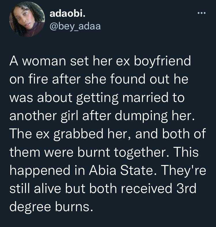 Woman suffers severe burn after setting ex-boyfriend on fire during wedding to another woman in Abia