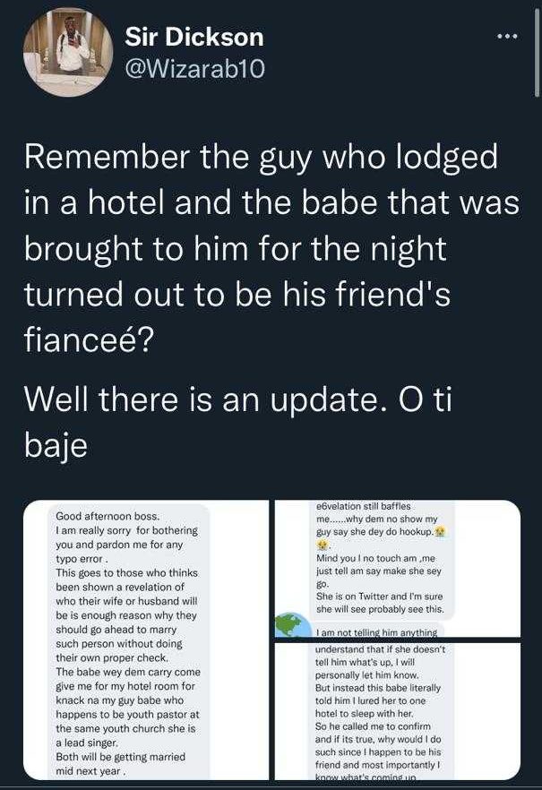 Man narrates how call-girl met at hotel was his friend's babe, a youth pastor