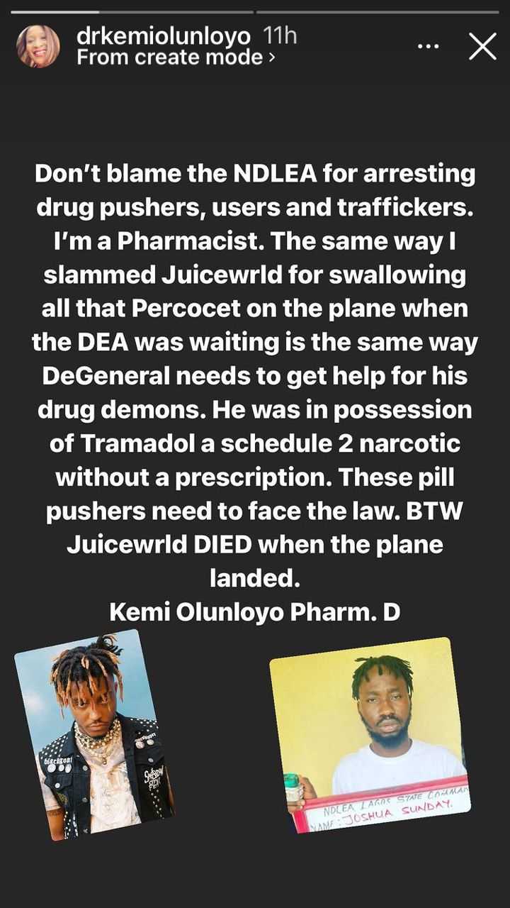 "Don't blame NDLEA for arresting DeGeneral" - Kemi Olunloyo applauds anti-drug agency (Details)