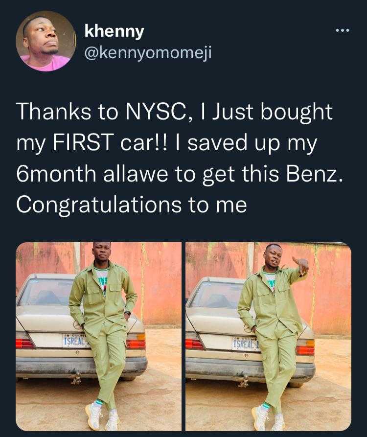 Corper acquires first car, a Mercedes Benz, with 6-months NYSC allowance