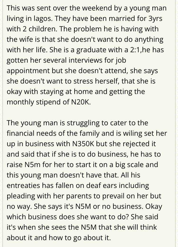 Man laments over wife's refusal to get a job, insists on being contented with N20K allowance from husband