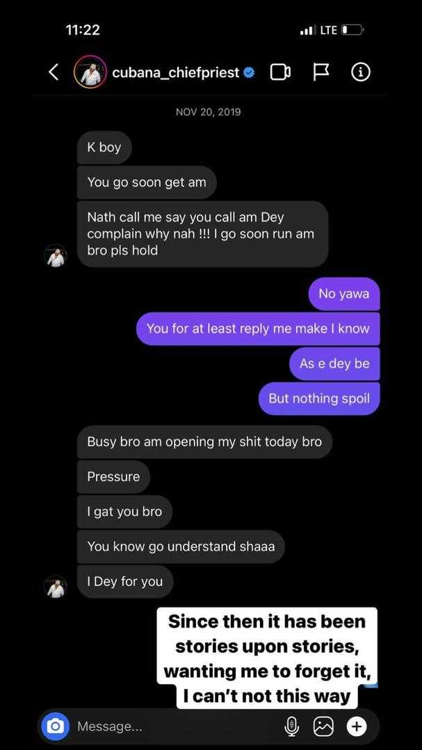 Man leaks chat, calls out Cubana Chief Priest over unpaind debt since 2019 (Screenshots)