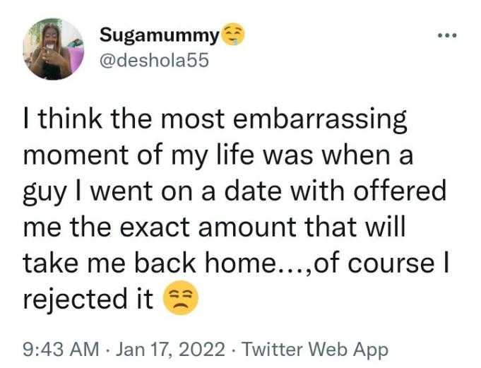 Lady narrates embarrasing date after receiving N200 as transport fare from her date 