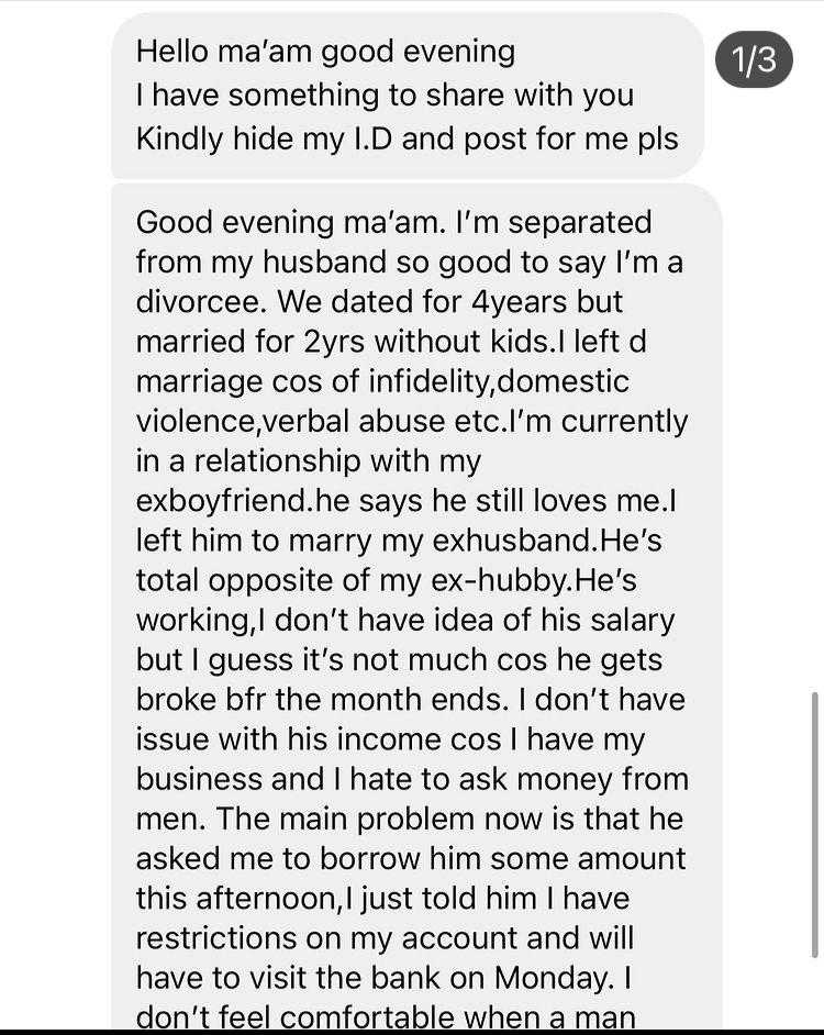 "I hate when a man demands money frome me" - Woman cries out after divorcing husband to date ex-boyfriend