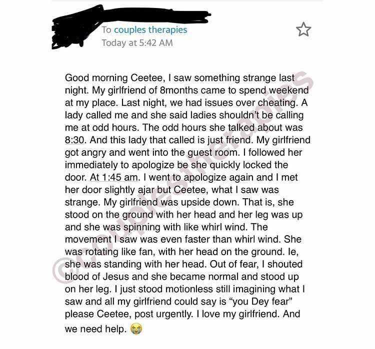 Man cries out for help after seeing girlfriend 'standing on her head' at midnight