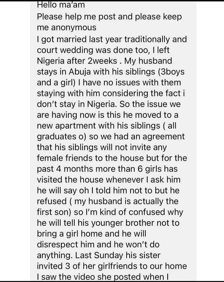 Woman set to end marriage over husband's refusal to stop siblings from bringing female friends to the house