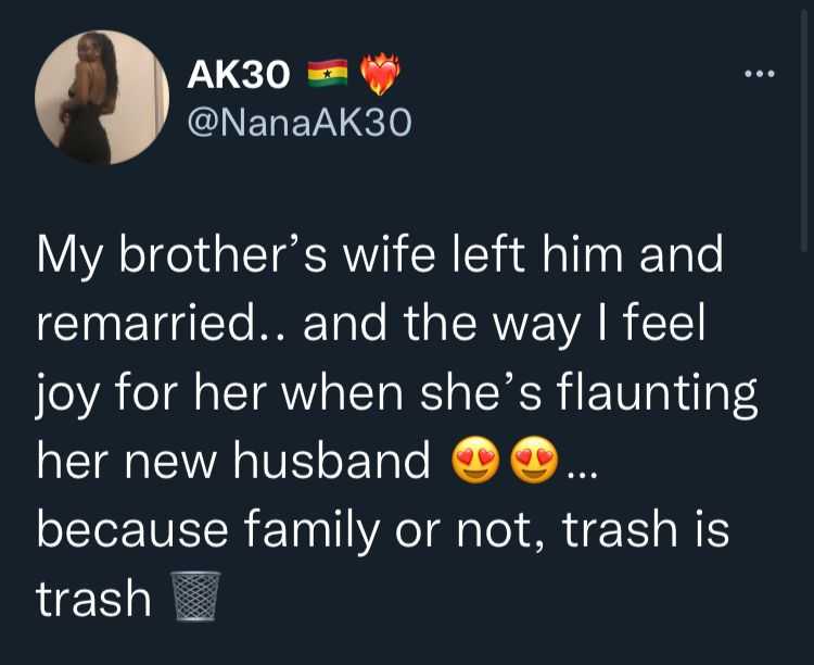 "Family or not, thrash is thrash" - Lady rejoices as brother's wife dumps him for another man