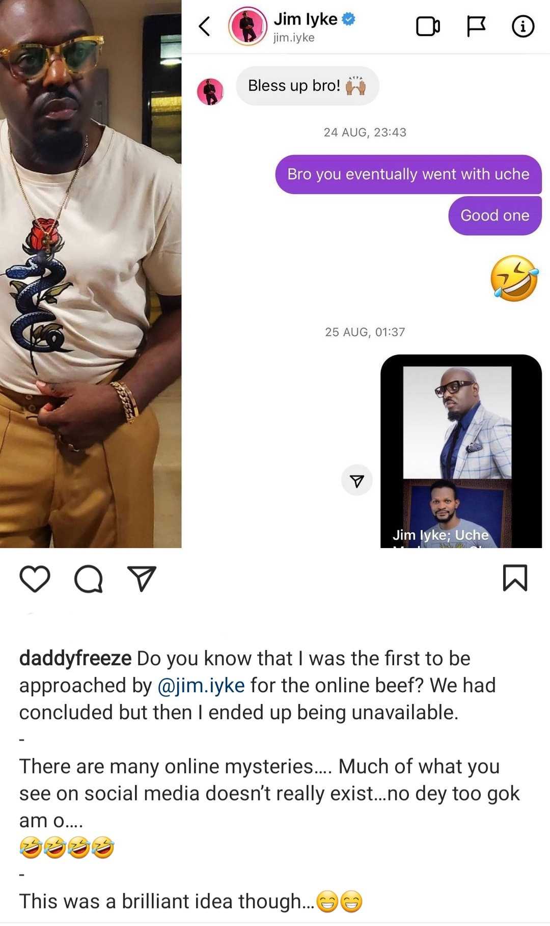 "I was the first Jim Iyke approached for the online beef" - Daddy Freeze reveals