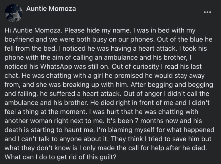 "I watched my cheating boyfriend die without calling for help" - Lady seeks advice on how to get over guilt