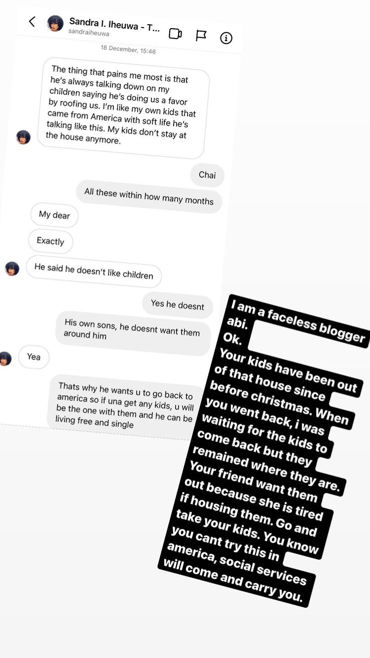 Leaked chat of Sandra Iheuwa lamenting on how husband kicked out Ubi Franklin's child from his house 