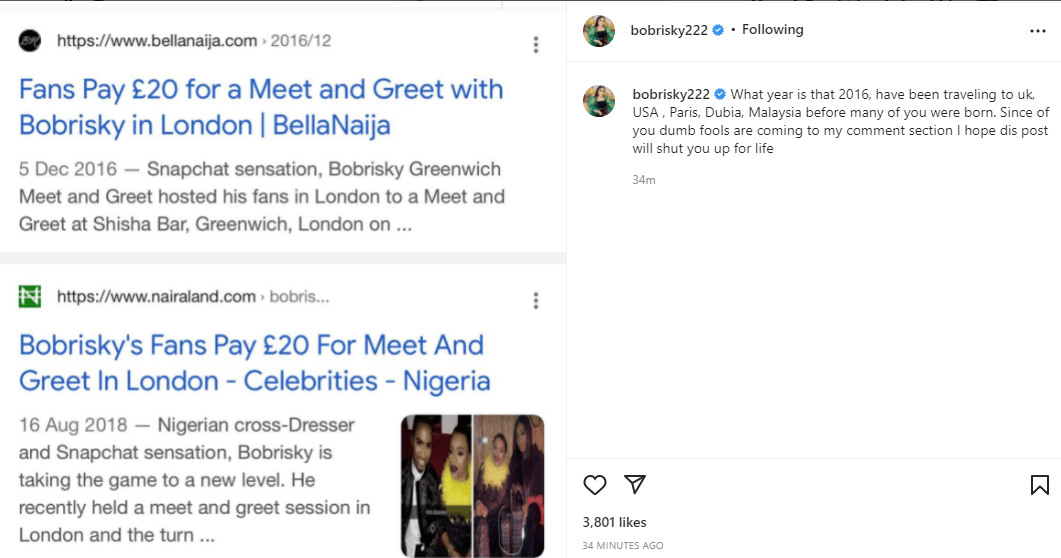 Bobrisky lashes out following James Brown's trip to the UK, lambasts fans over subtle remarks