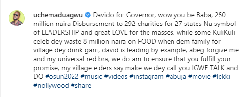 "David is leading by example, abeg forgive me" - Uche Maduagwu lauds Davido following disbursement of charity funds (Video)