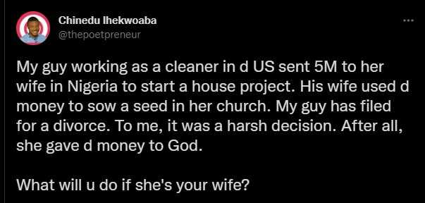 Man working as cleaner in US divorces wife after sending N5M for house project which she sowed as seed in church