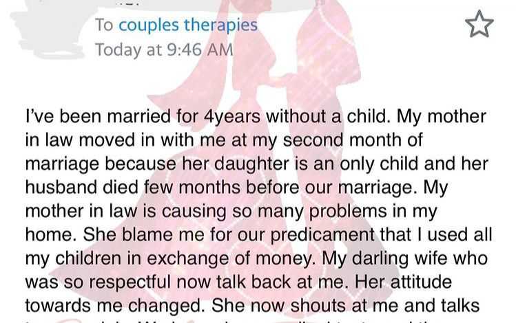 Man laments over mother-in-law who is making his marriage unbearable as a result of childlessness 