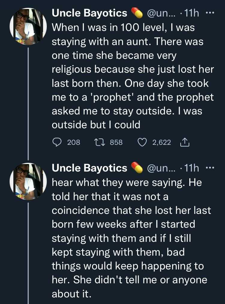 Man narrates bitter experience of how pastor convinced his aunt of being the cause of her child's death