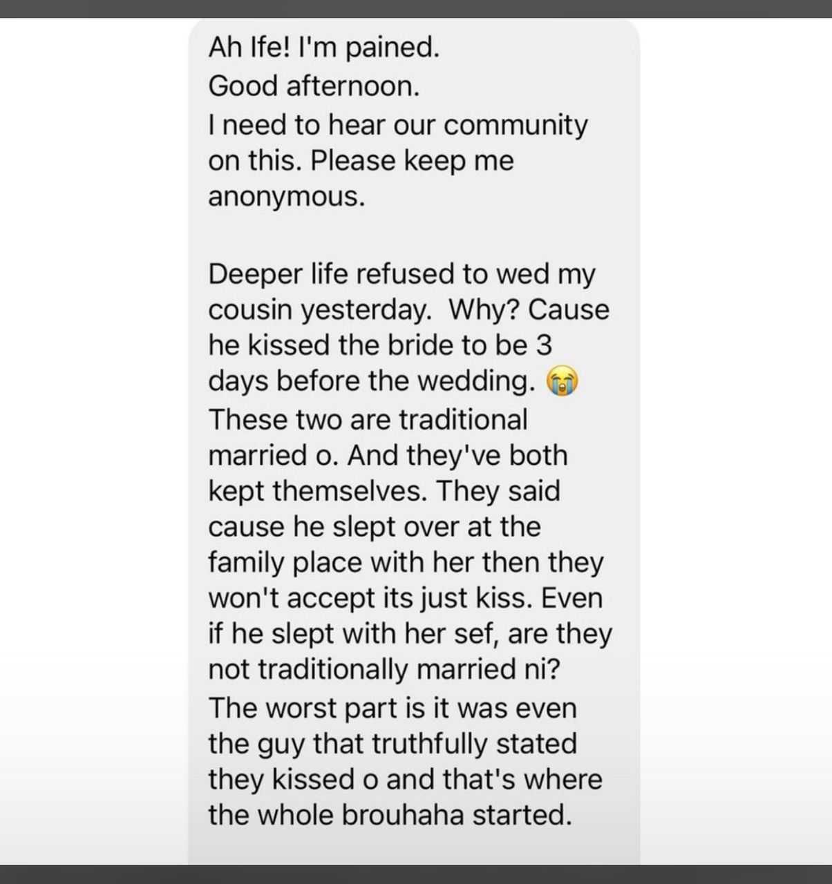 Deeper Life pastor allegedly cancels wedding after groom kissed bride three-days to their marriage