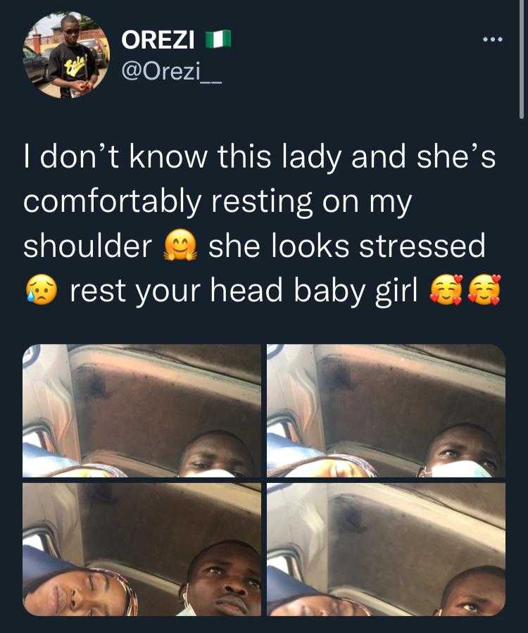 Man faces heavy criticism after sharing photo of lady who slept off on his shoulder while in a bus