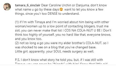 Timaya's baby mama drags Caroline Danjuma to filth over accusation of paying blogger to expose her affair
