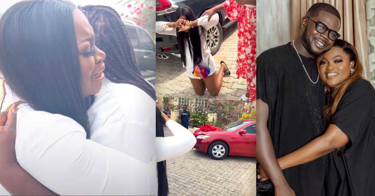 Emotional moment Funke Akindele and husband reward staff with car (Video)