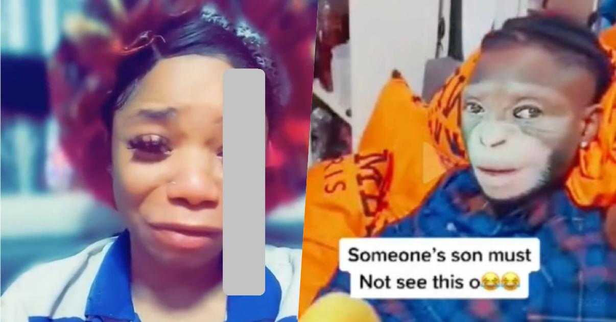 Lady tenders public apology to boyfriend after getting blocked following viral video of him on 'monkey filter' (Video)