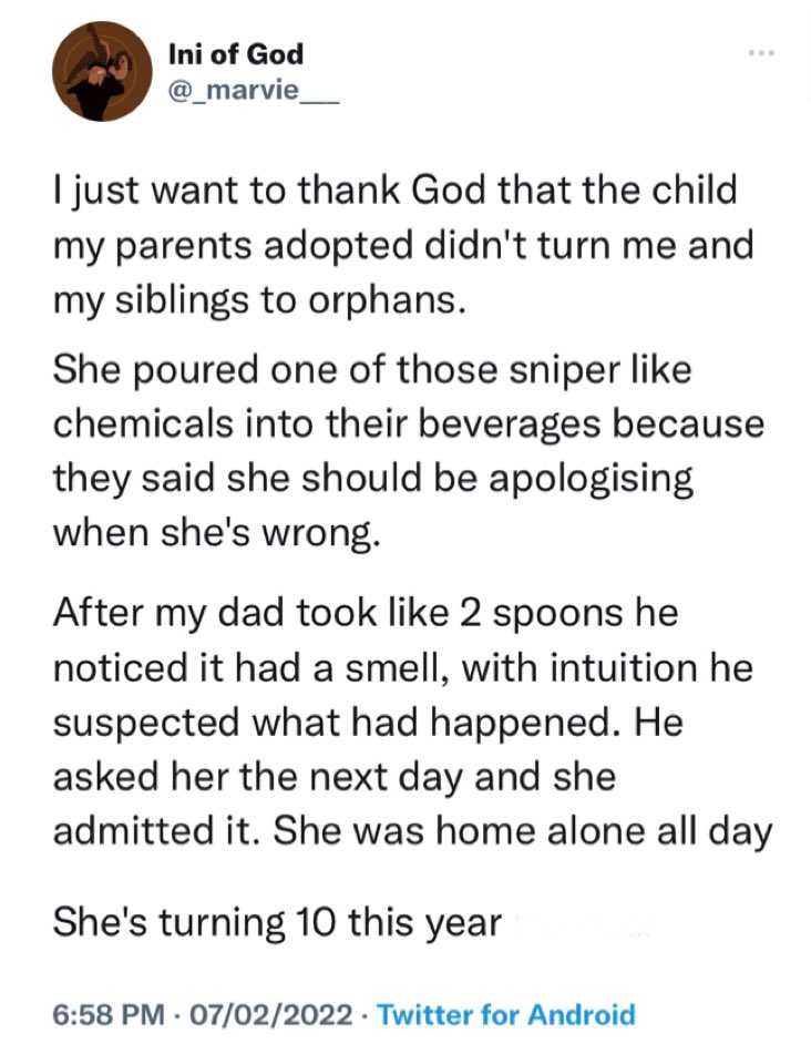 Lady narrates how her adopted sister of less than 10 years old attempted to poison her parents