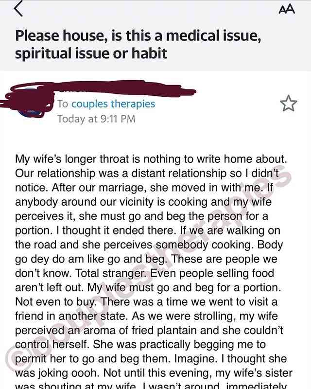 "Is this medical or spiritual issue" - Man cries out for advice over wife's habit of begging strangers for food