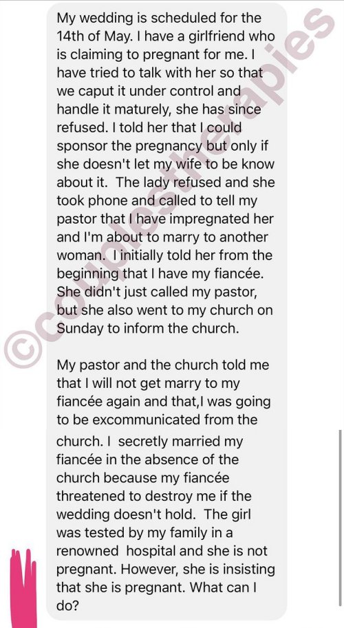 Man seeks advise after finding out side chic lied about being pregnant to disrupt his marriage despite being aware from onset