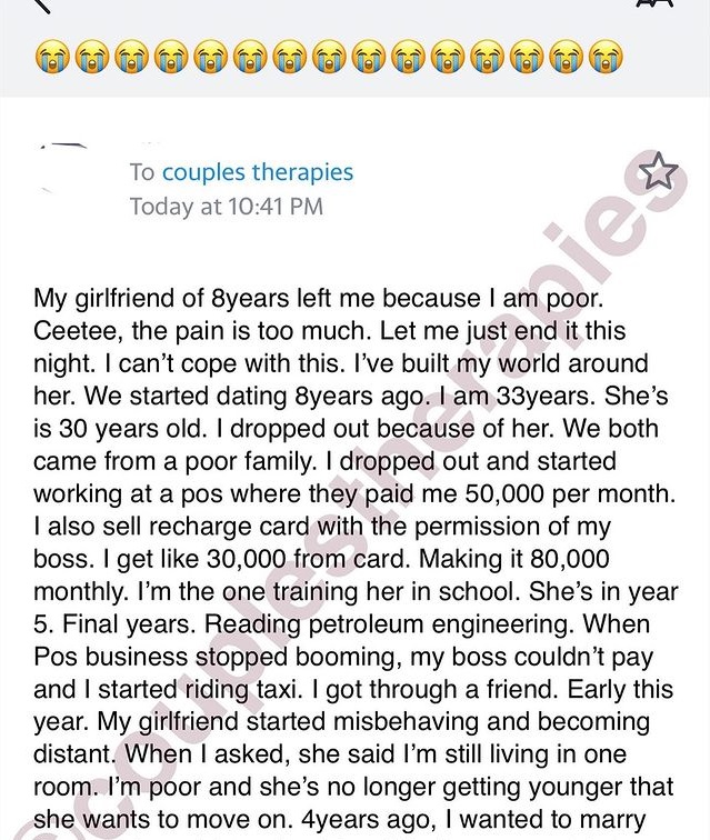 "Is it a crime that I am poor" - Man breaks down in tears after being dumped by girlfriend of 8 years