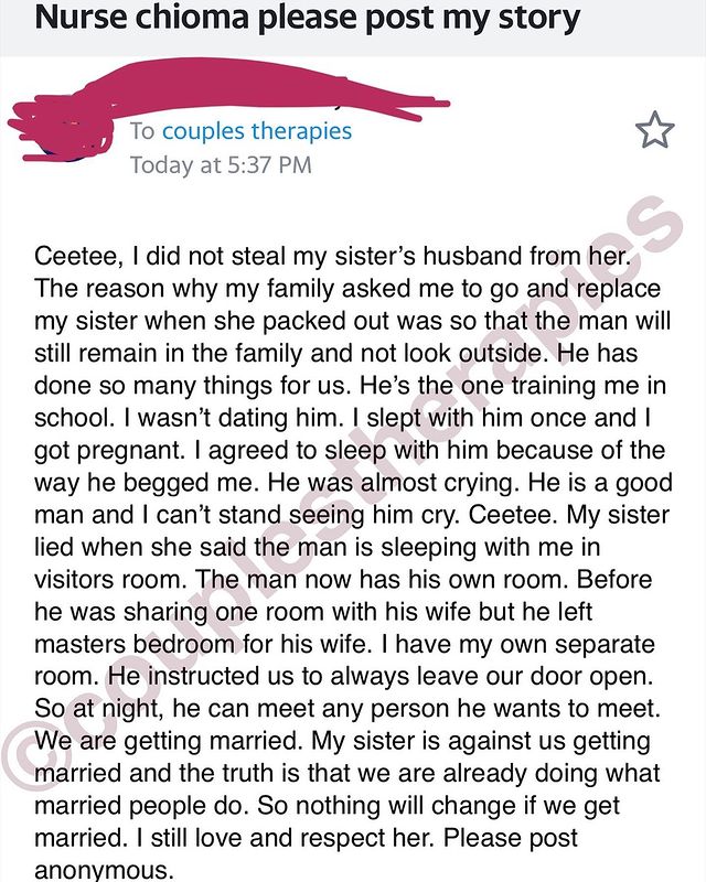 "I did not steal my sister's husband, my family only asked my to replace her" - Accused younger sister narrates side of story