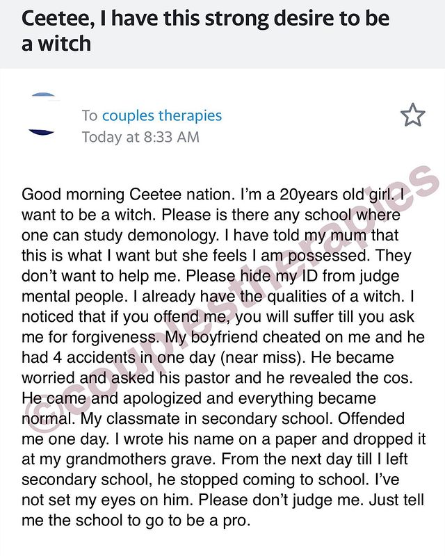 "I have this strong desire to be a witch" - 20-year-old lady seeks help on making her dream come true