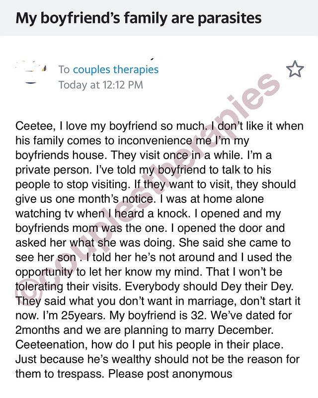 Lady seeks advice over frequent visits of boyfriend's family, calls them parasite